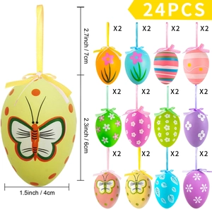 Detailed size chart of 24pcs colorful Easter egg ornaments with 12 floral patterns