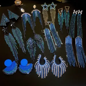Long Tassel Drop Earrings With Blue Gradient Rhinestones Geometric Statement Dangle Jewelry For Women Silver Earring Post