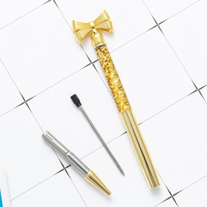 Golden bow tie metal ballpoint pen with sparkling sequins and replaceable ink refill