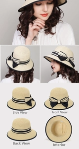 Detailed views of women's foldable straw sun hat featuring a black ribbon bow and woven texture