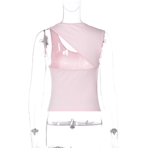 Detailed back view of pink slim-fit tank top with asymmetric cutout and smooth fabric