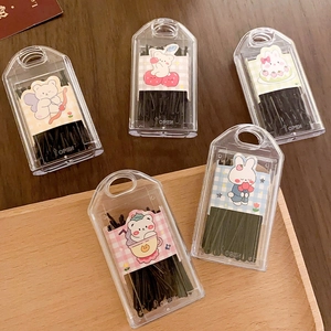 5-pack black metal bobby pin set in clear storage boxes with cute animal stickers
