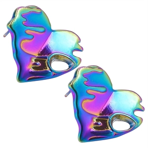 Macro detail of melting heart 304 stainless steel earrings with rainbow gradient finish