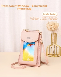 Detailed view of pink crossbody phone bag featuring a transparent touch screen window