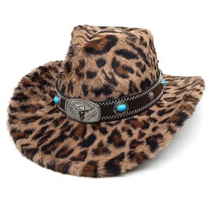 Leopard print western cowboy hat with turquoise leather band and bull head buckle decoration