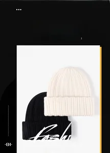 Detailed knit texture of thick double-layer winter beanies in black and beige