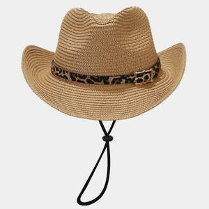 Summer straw cowboy hat with leopard print band and metal buckle on white background