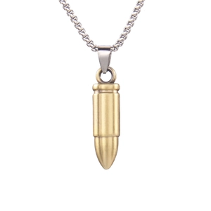 Polished gold bullet pendant necklace with silver steel chain on white background