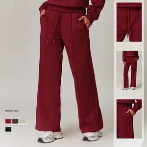 Women's burgundy high waist wide leg sweatpants with drawstring and side pockets