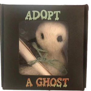 Handmade wool felt Adopt A Ghost figurine in a black gift box with a tiny scroll