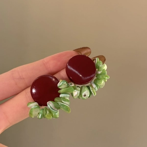 Retro geometric shell earrings with burgundy resin studs and green shell inlay accents