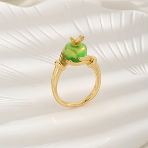Creative green apple ring in gold finish with zirconia accents for unique fashion style