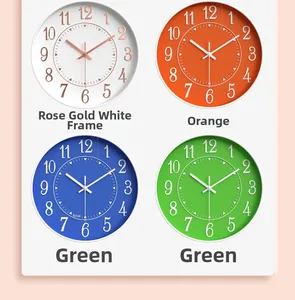 Modern 12-inch wall clock display in rose gold, orange, blue, and green color options