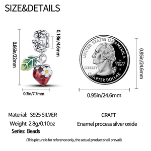 Detailed size specifications of strawberry bead with coin for scale comparison