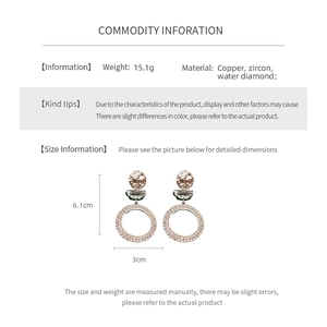 Detailed spec sheet showing 6.1cm long zircon moon earrings made of copper and water diamond