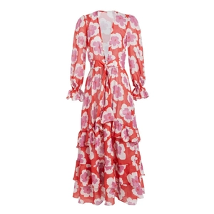 Robe fleurie à col en V, manches longues et jupe à volants avec imprimé floral rose