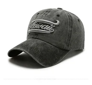 Détail de la casquette vintage gris délavé avec broderie 3D Hawaii Aloha State