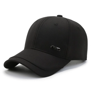 Classic black cotton baseball cap for middle-aged men featuring a stylish metal side logo