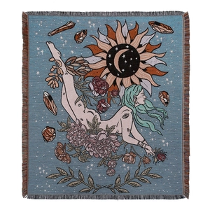 Bohemian Morandi blue woven throw blanket featuring an astrology goddess and fringes