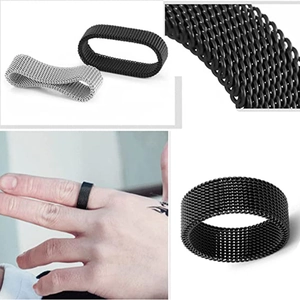 Detail of woven mesh titanium steel ring showing intricate texture and unisex minimalist design