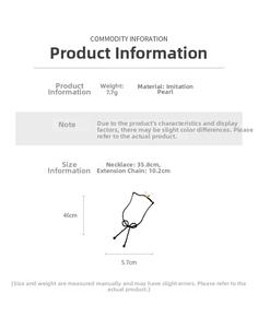 Detailed size specifications for pearl bow necklace with 7.7g weight and 35.8cm chain length
