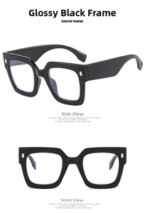 Detailed views showing front and 45-degree side profiles of black square oversized glasses