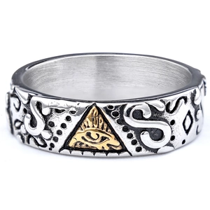 Two-tone stainless steel Masonic Eye of Providence ring with vintage brushed silver finish