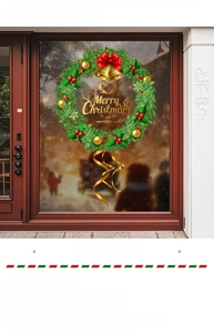Detailed Christmas wreath window sticker with red bow, gold bells, and Merry Christmas text
