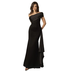 Close-up of elegant black one-shoulder dress with draped sash and sleek satin finish