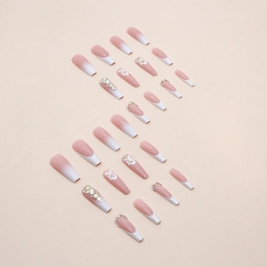 French ballet press-on nails with gradient pink, floral art, and rhinestones set