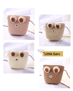 Mini woven straw bucket bags for girls in pink, beige, yellow, and brown colors