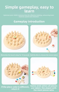 Close-up of wooden memory chess game rules and setup with colorful pegs and dice