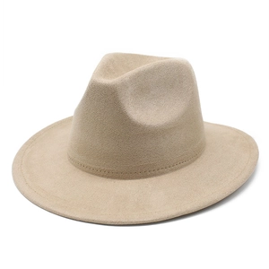Classic beige suede wide brim fedora hat with stitched edges and a central dented crown