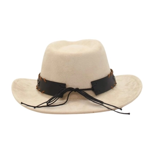 Detail of western cowboy felt hat with black leather band and woven stitching detail
