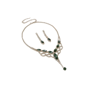 Silver necklace and earring set with green marquise gems and sparkling rhinestones