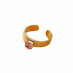 Modern 18k gold plated stainless steel multi-layered ring with pink zircon gemstone
