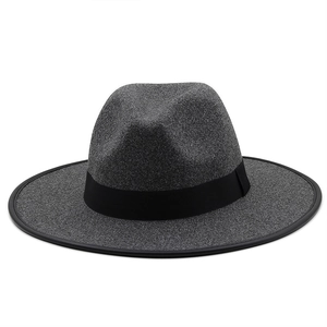 Detail showing high-quality dark grey wool felt fedora with black grosgrain ribbon trim
