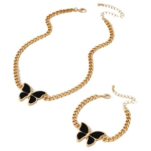 Fashionable thick gold chain necklace and bracelet set with black butterfly pendant