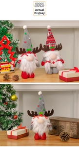 Detailed view of Christmas gnome plush toys with reindeer antlers in a festive setting