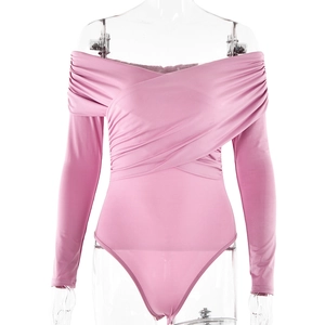 Detail of pink off-shoulder bodysuit featuring criss-cross waist pleats and smooth fabric