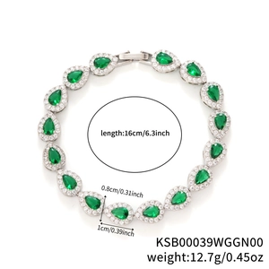 Detailed view of pear-cut emerald cubic zirconia bracelet in silver setting