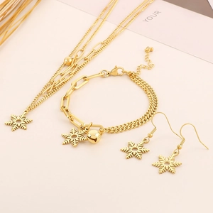 Mode Edelstahl Doppellagige Schneeflocken Anhänger Schmuckset Gold Silber Halskette Armband Ohrringe Für Damen