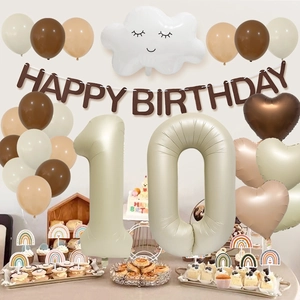 Cream and khaki balloon set for 10th birthday with heart and cloud foil balloons