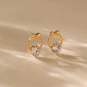 Elegant 18K gold plated bow and round cubic zirconia drop earrings for women fashion