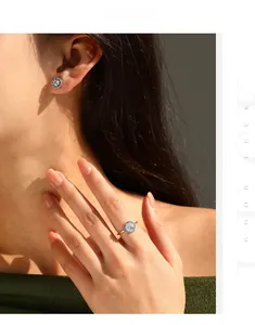 Detail of S925 sterling silver hexagonal ring and earrings set on a model