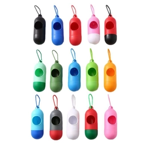 Capsule pet waste bag dispensers in 15 assorted colors with hooks for dog leash