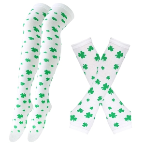 Detail of white St. Patrick's Day socks and arm sleeves with green shamrock patterns