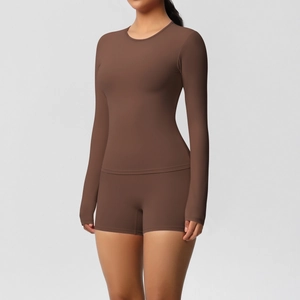 Deep chocolate yoga set with long sleeve crop top and high waist shorts for workout