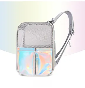 Vue latérale du sac à dos pour chat avec matériau laser et maille grise respirante