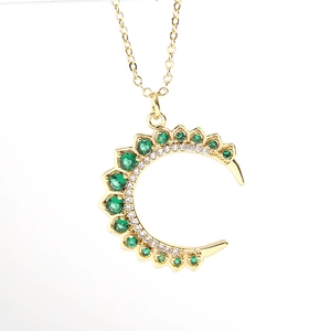Elegant gold moon necklace with emerald green gemstones and micro-pave white zircons